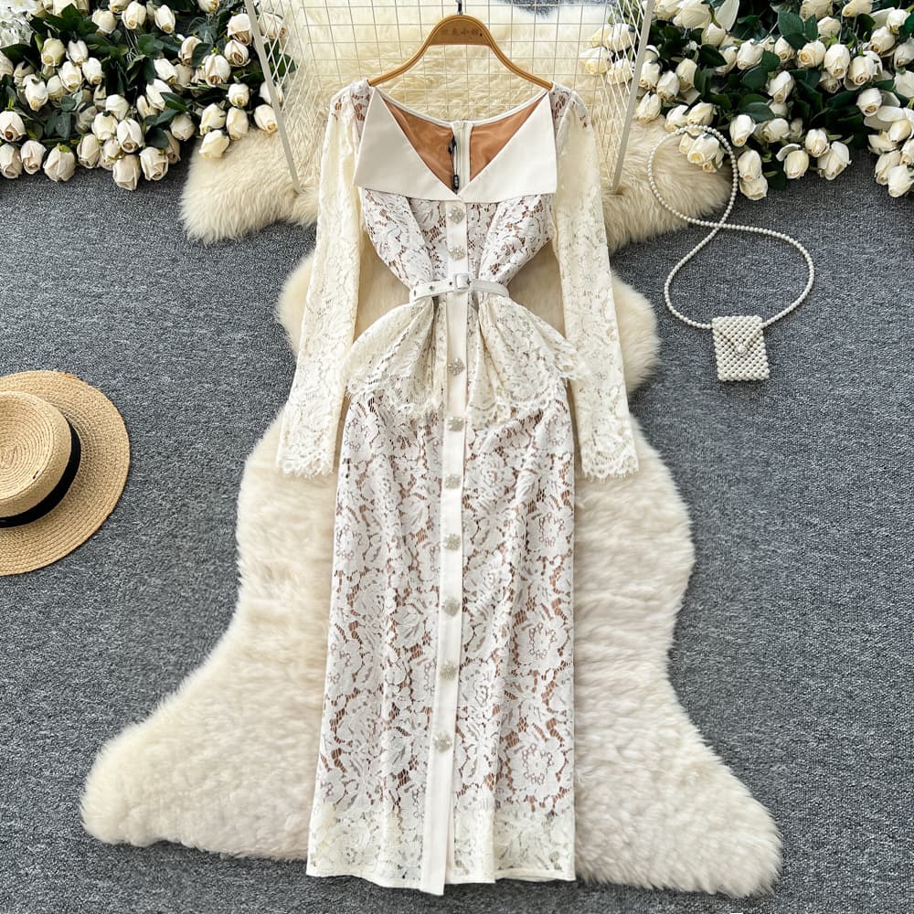 High-End Socialite Dress Women 2025 Autumn Fashion Turn-Down Collar Single-Breasted Tie Waist Bodycon Lace Long Dress