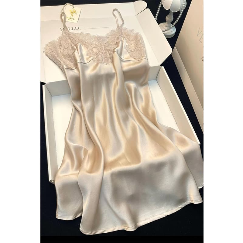 Korean-style Pure Lace Cami Sleep Dress for Women, 2025 New Plus Size Ice Silk Luxury Satin Home Dress