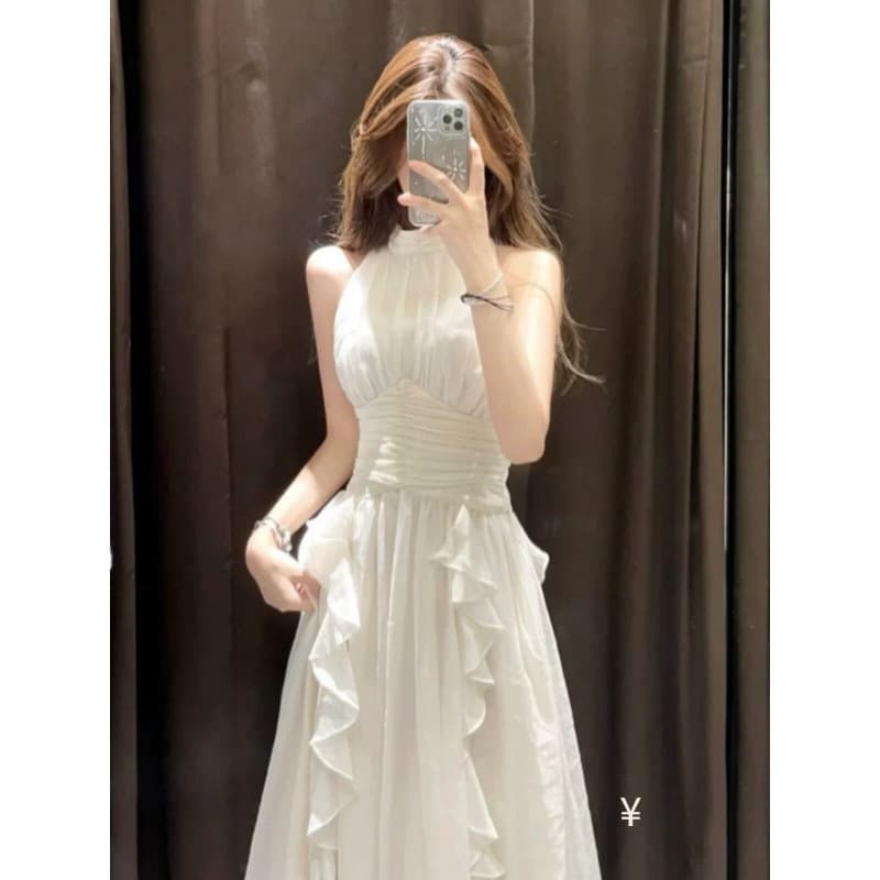 French Ruffle Sleeveless Halter White Dress for Women Summer High-End Chic Seaside Vacation Fairy Maxi Dress