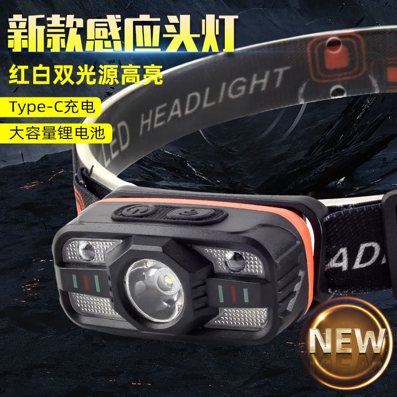 LED Outdoor High-Power Headlamp with COB Rechargeable Headlight for Cycling, Night Fishing, Running, White and Red Dual Light, Cross-Border