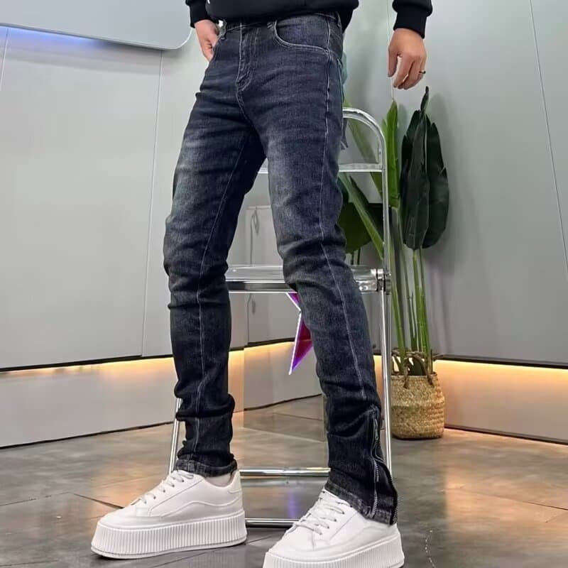 High-End Heavy-Duty Washed Dark Blue Jeans for Men, Slim Fit, Autumn and Winter Korean Style, Ankle Zipper, Slightly Flared Casual Pants