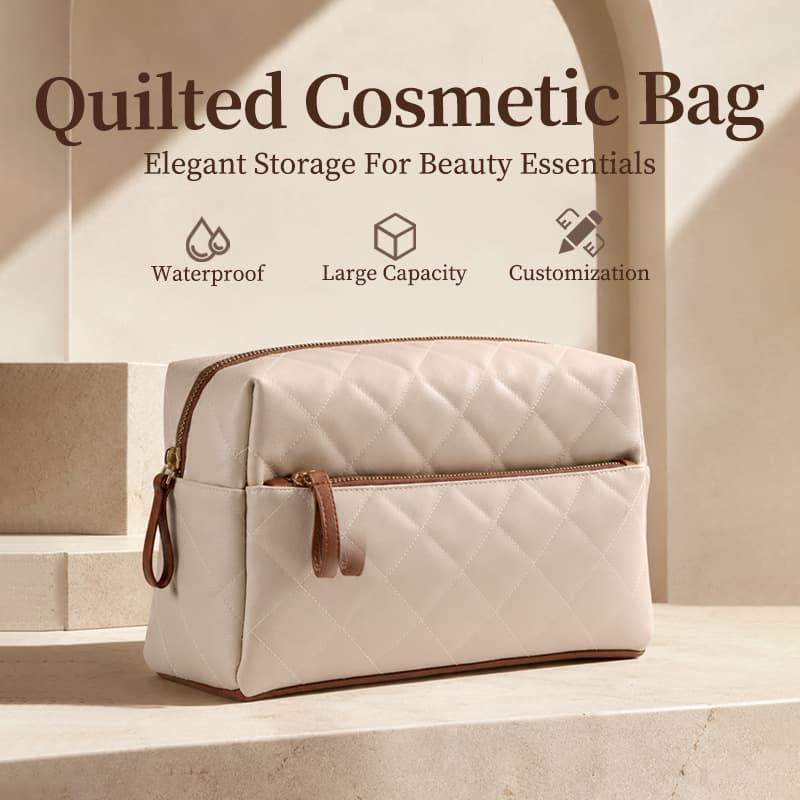 Amazon Hot Sale Quilted Leather Makeup Bag, Structured and Non-Collapsing, Portable for Travel, Large Capacity Diamond-Quilted Cosmetic Storage Bag