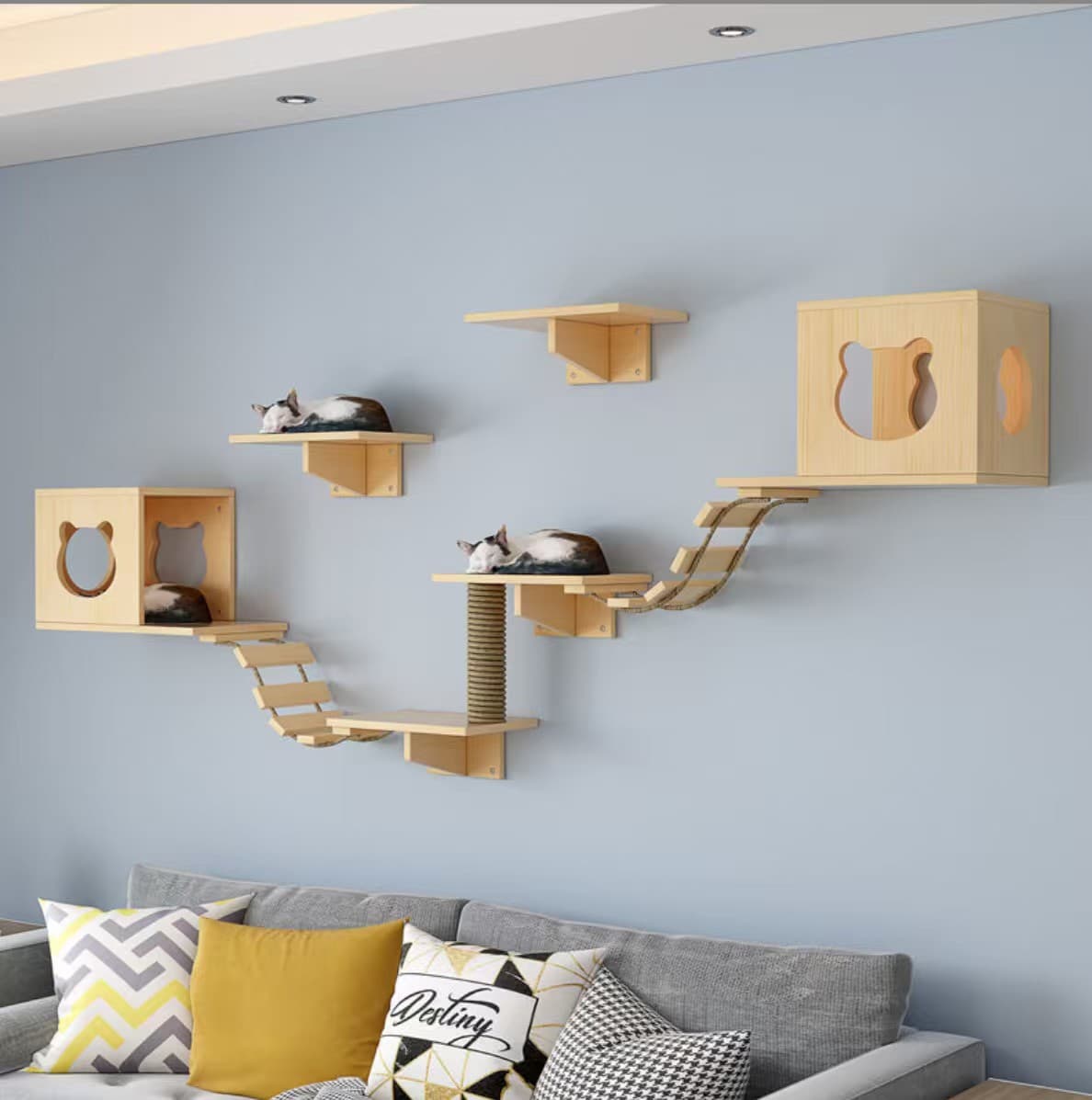 Solid Wood Cat Climbing Wall-Mounted Jump Platform PE Rattan Cat Nest Cat Tree Large Cat Stand Space Capsule Large Bed Cat Jump Platform
