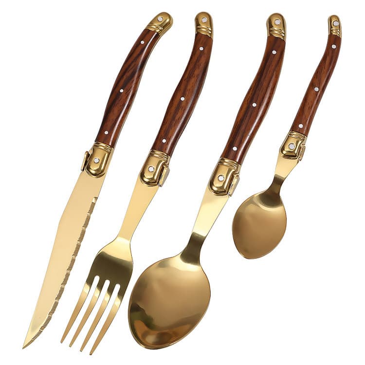 Wood-grain handle, gold-plated plate, steak knife, family dining knife, fork, soup spoon