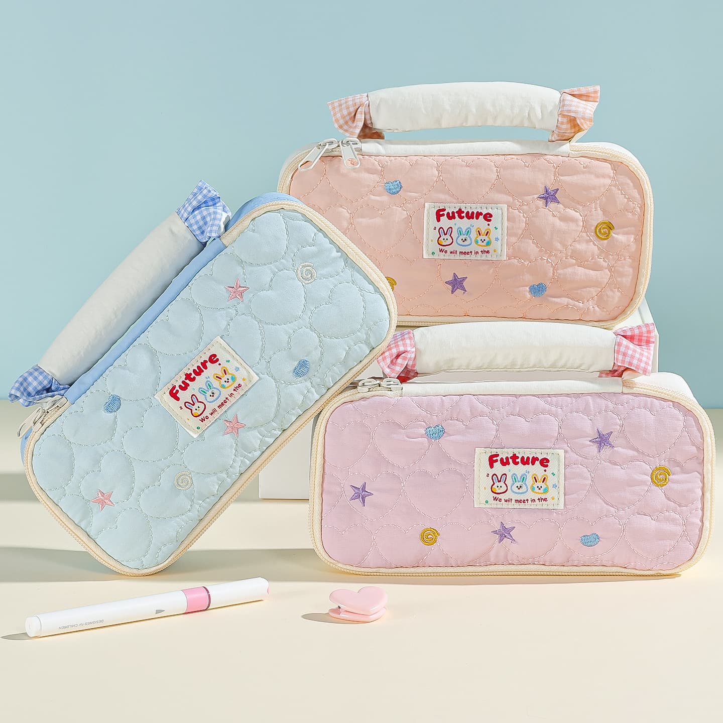 Polka Dot Star Rabbit Portable Pen Bag New Style High-Looking Large Capacity Partitioned Storage Non-Conflict Cute Stationery Bag