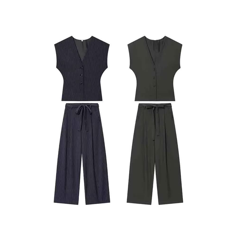 Spring New Women's Fashionable Versatile Sleeveless Fine Stripe V-Neck Short Vest Set with Mid-Rise Long Pants