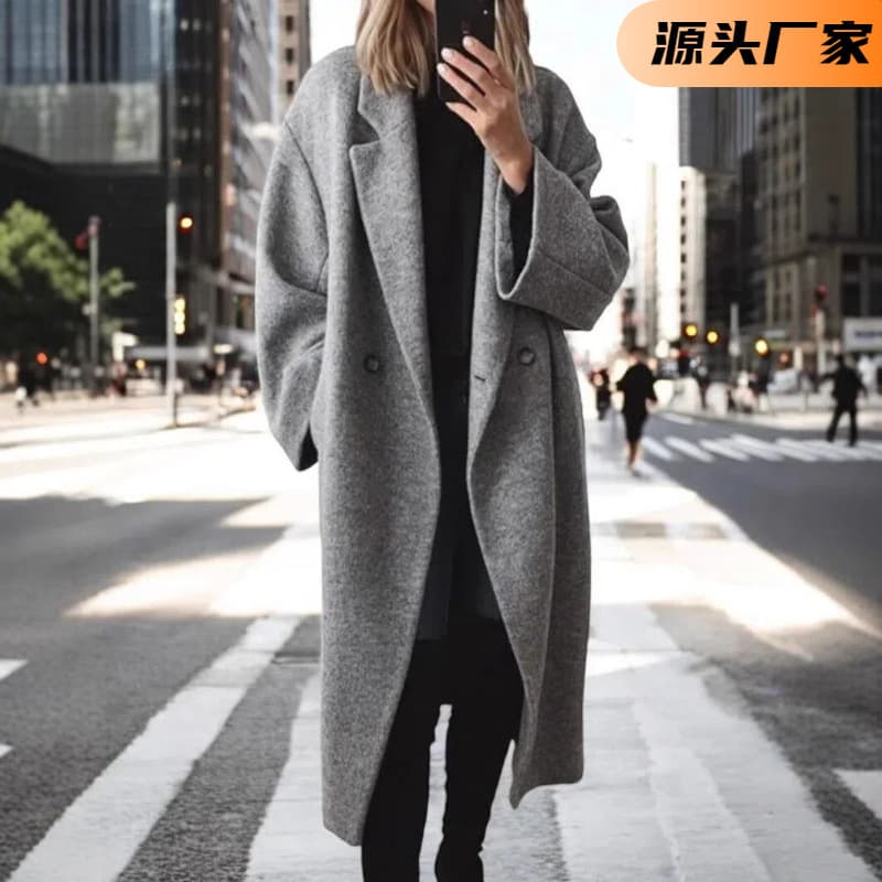 Autumn and winter cross-border European and American Amazon independent station TEMU women's multi-color and multi-code woolen extended windbreaker jacket