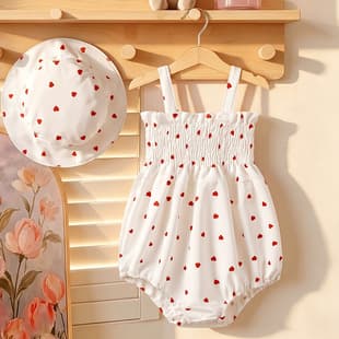 New Summer Romper Dress for Girls 0-3 Years, Heart Print Vest and Hat, Multiple Colors Available