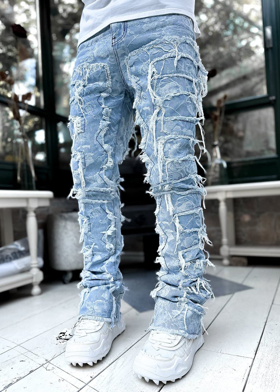 New Cross-Border Men's Straight Leg Jeans, European and American Street Fashion Ins Viral Stretch Patchwork Straight Leg Jeans