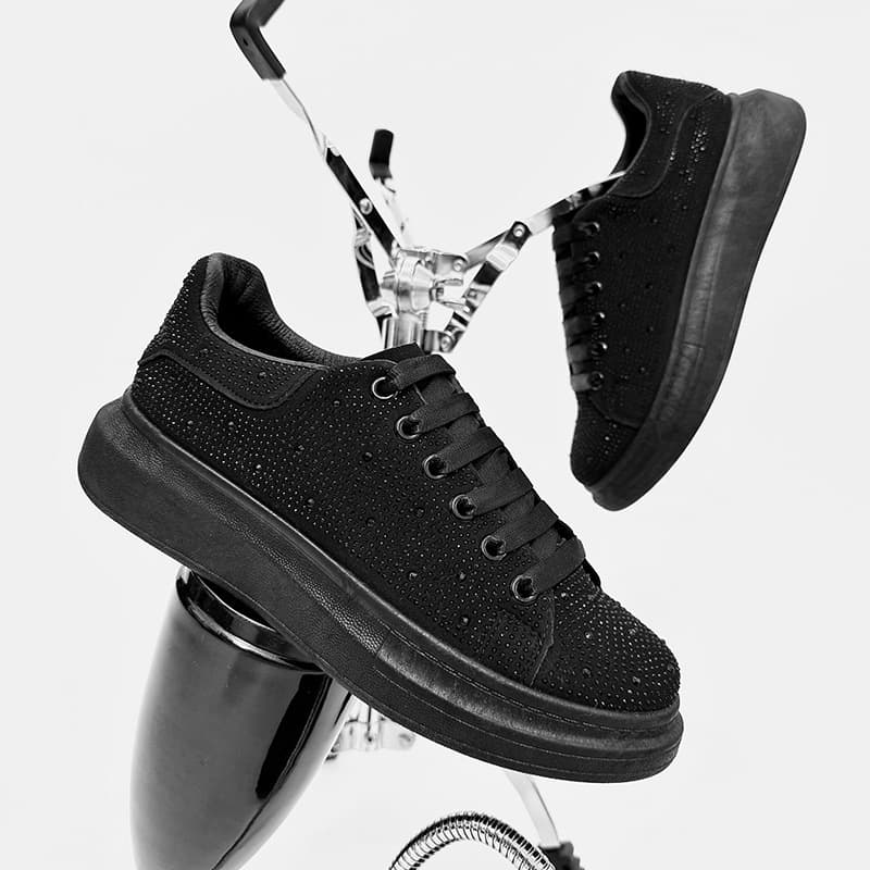 2025 Summer Autumn New Men's Shoes European Trend Casual Shoes Thick Sole McQueen Shoes Rhinestone Sparkle Black Shoes for Men