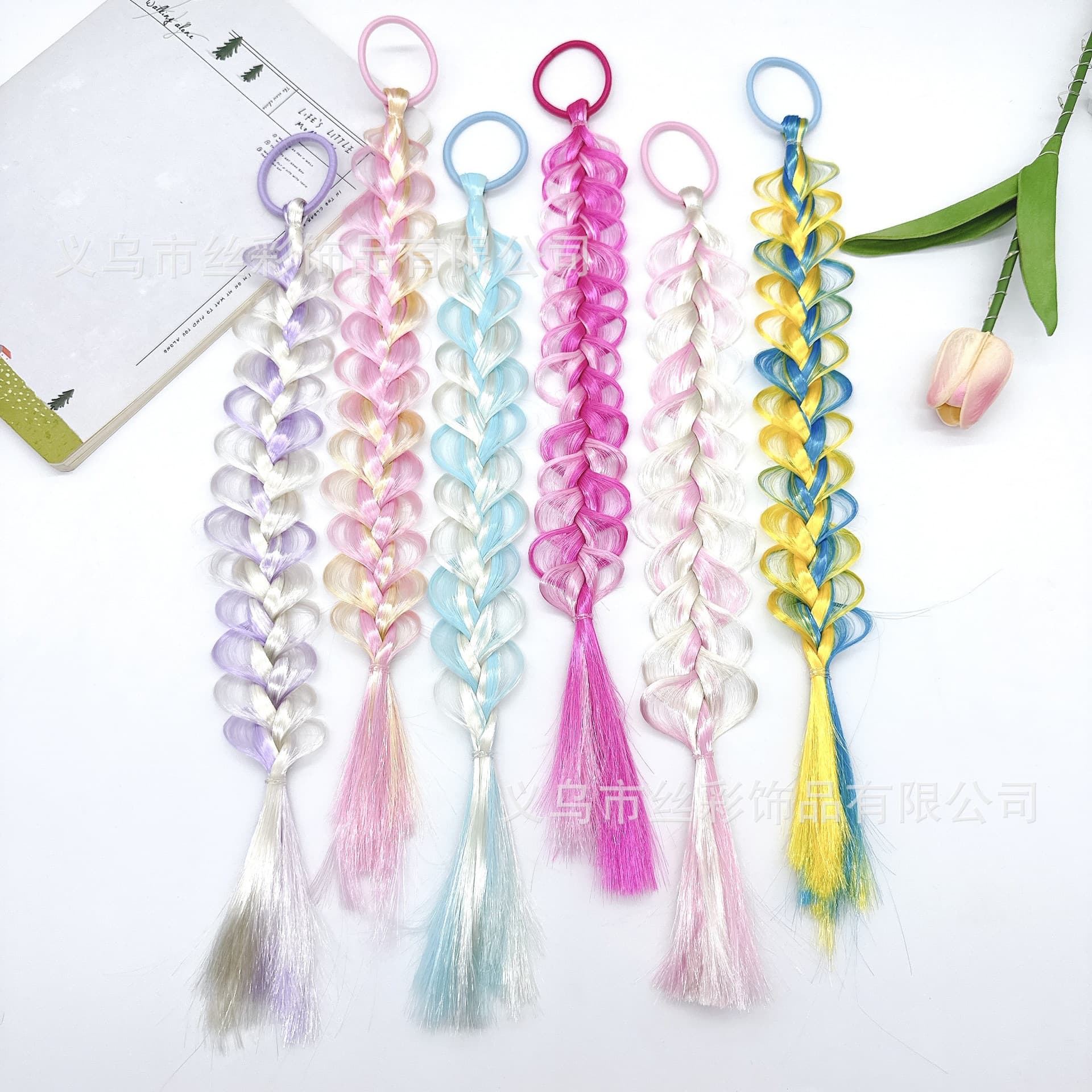 Children's Rainbow Twist Braid Hair Accessories, Bubble Braid Hair Ties, High Elasticity Ponytail Hair Decorations for Export