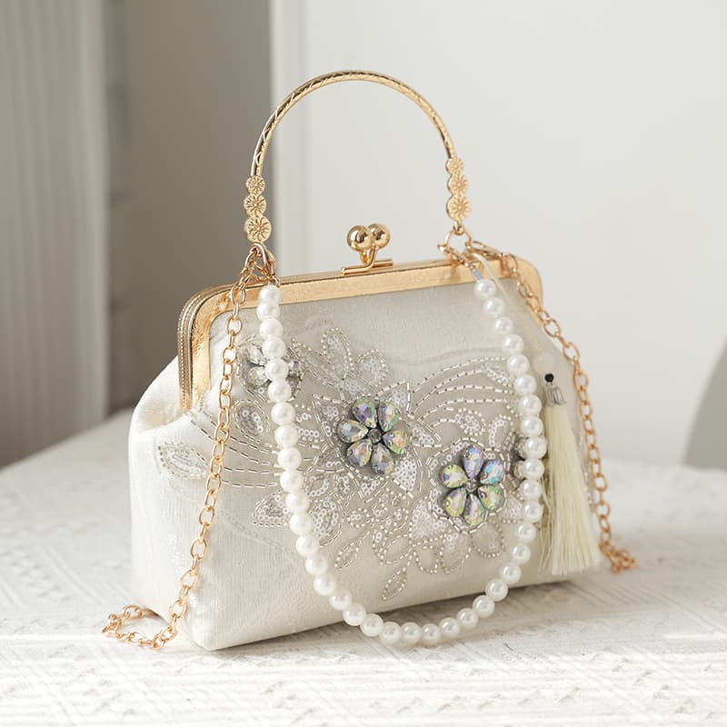 Pearl embroidered fashion handbag cheongsam banquet clutch chain bag embroidered bead bag shoulder bag pearl chain bag