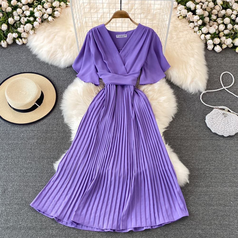 French pleated slim long resort-style chiffon pleated long skirt solid color temperament V-neck new French dress