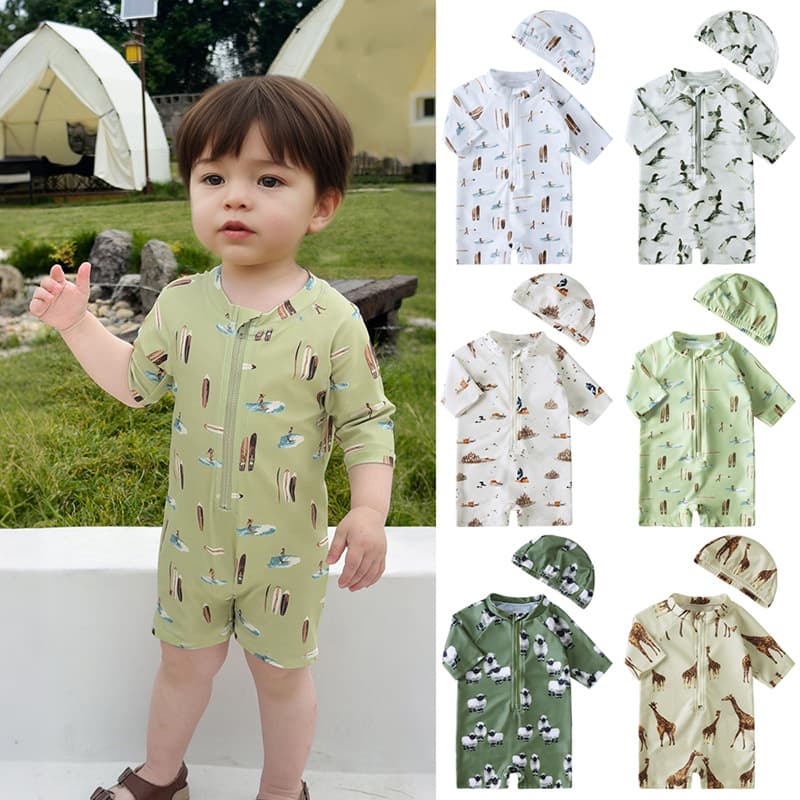 Children's Swimwear Boys Girls Short Sleeve One-Piece Diving Suit Sun Protection Swimming Vacation Beach Surfing Swimsuit Wholesale