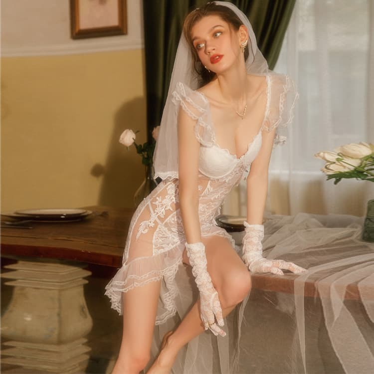 Thin Lace See-through Netting Cosplay Underwear Wedding Dress Nightgown Seductive Role-play Uniform Trendy Bridal Costume