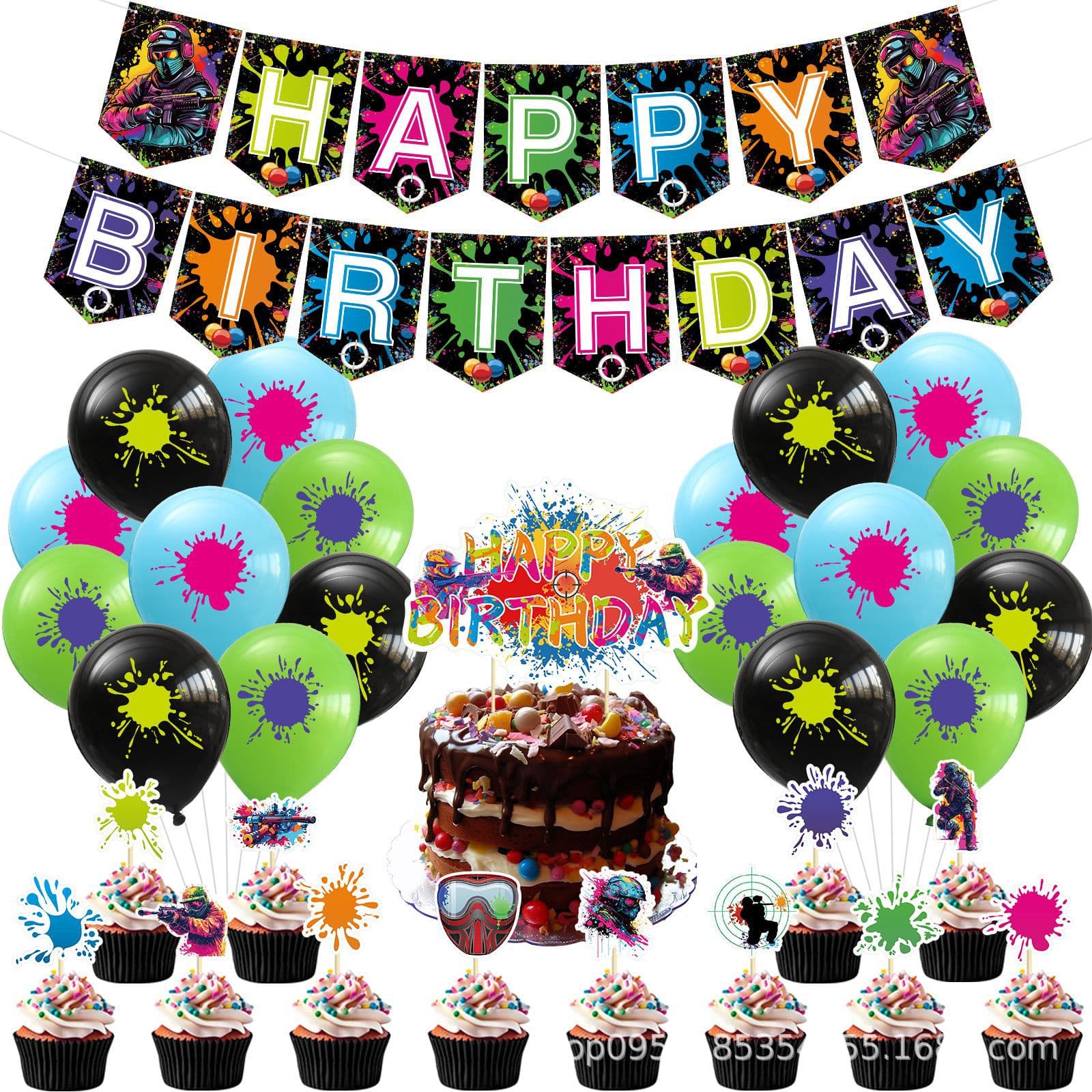 Paintball Shooting Theme Birthday Party Decoration Set Banner Cake Topper Flag Balloon Gift Bag Sticker Honeycomb