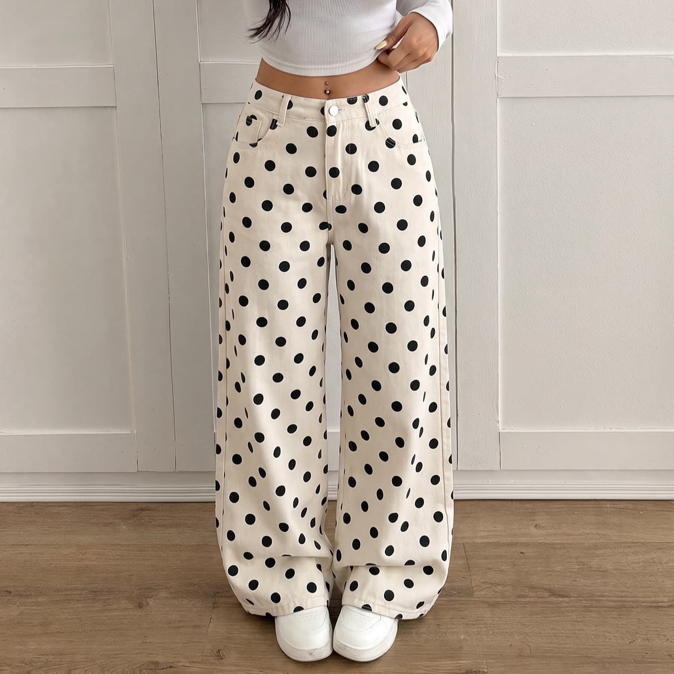 Cross-border export polka-dot wide-leg jeans for women, off-white base with black dots, high-waist loose straight-leg printed denim pants