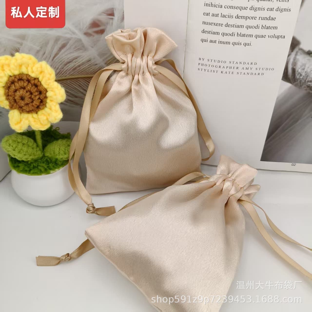Custom faux satin drawstring bags for beauty devices, sports equipment, earphones, cables, and miscellaneous item storage.