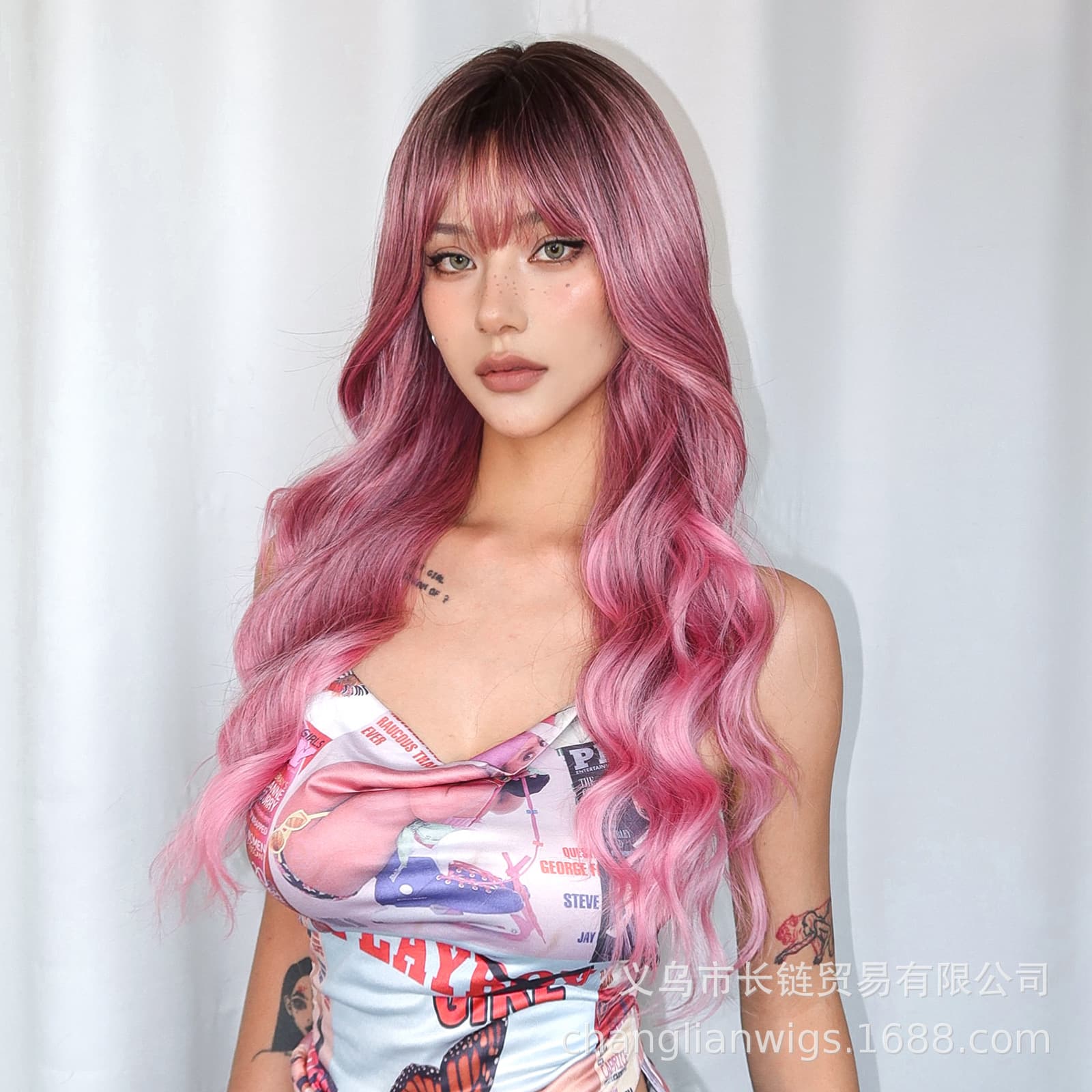 Women's Full Wig Curly Hair Summer Bangs Gradient Pink Braid Curly Full Wig Styling Long Curly Hair Factory Wholesale