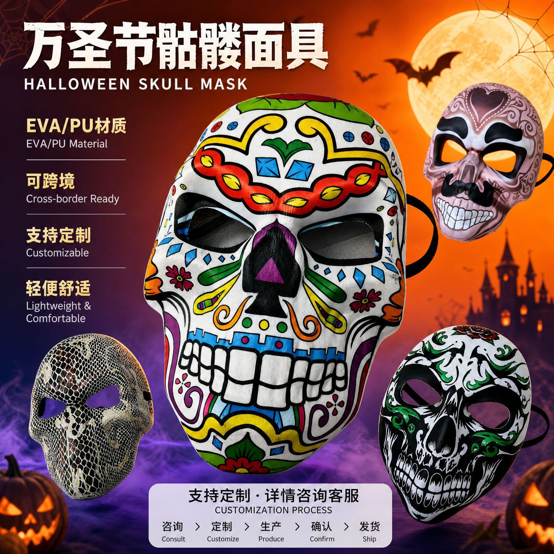 Cross-border Halloween ghost festival printed skull mask cos script killing face role playing ghost face mask funny