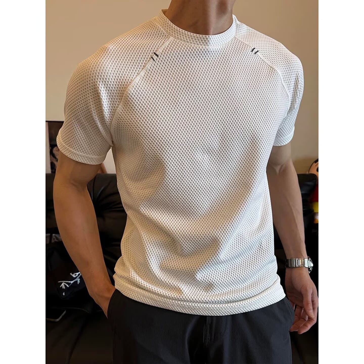 White Waffle Short Sleeve T-Shirt for Men Summer Sports Fitness Muscle Fit Quick Dry Small Neckline Pullover Base Layer