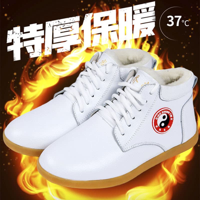 Wool-lined warm Tai Chi shoes for men and women, winter thickened fleece-lined high-top cotton shoes, soft cowhide leather, and rubber soles.