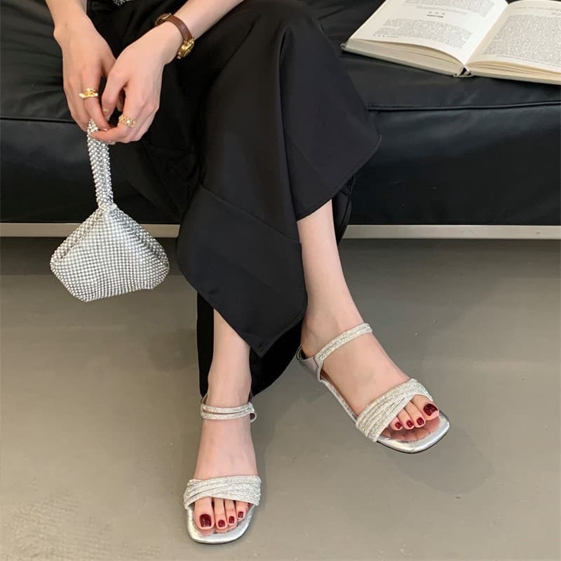 2025 Spring/Summer New Niche Light Luxury Two-Way Wear Sandals Luxury Rhinestone Mule Heel Slippers Women's Shoes