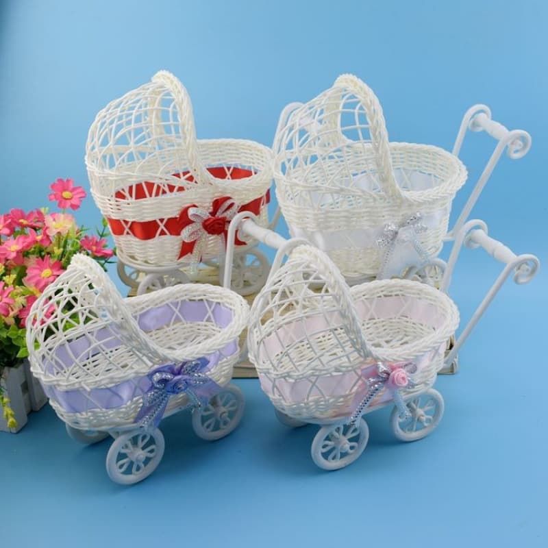 Wholesale Cute Baby Stroller Decorative Flower Basket Home Decor Imitation Rattan Handmade Rustic Wicker Stroller