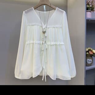 Plus-size women's spring and autumn new, loose-fitting, belly-hiding chiffon top, V-neck, fashionable, age-reducing chiffon blouse
