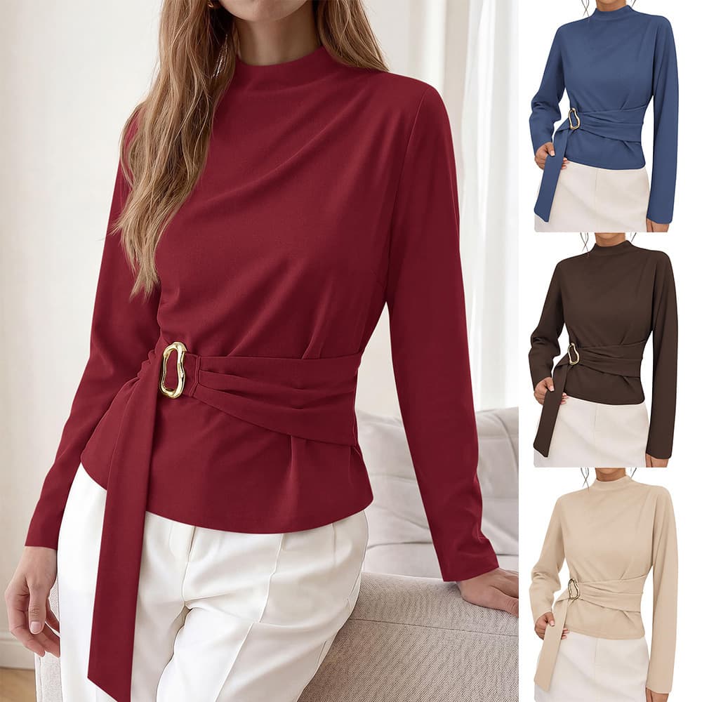 2026 New Arrival for Cross-border Amazon US/EU Summer Fashion Minimalist Solid Color Mid-High Collar Belted Slimming Top