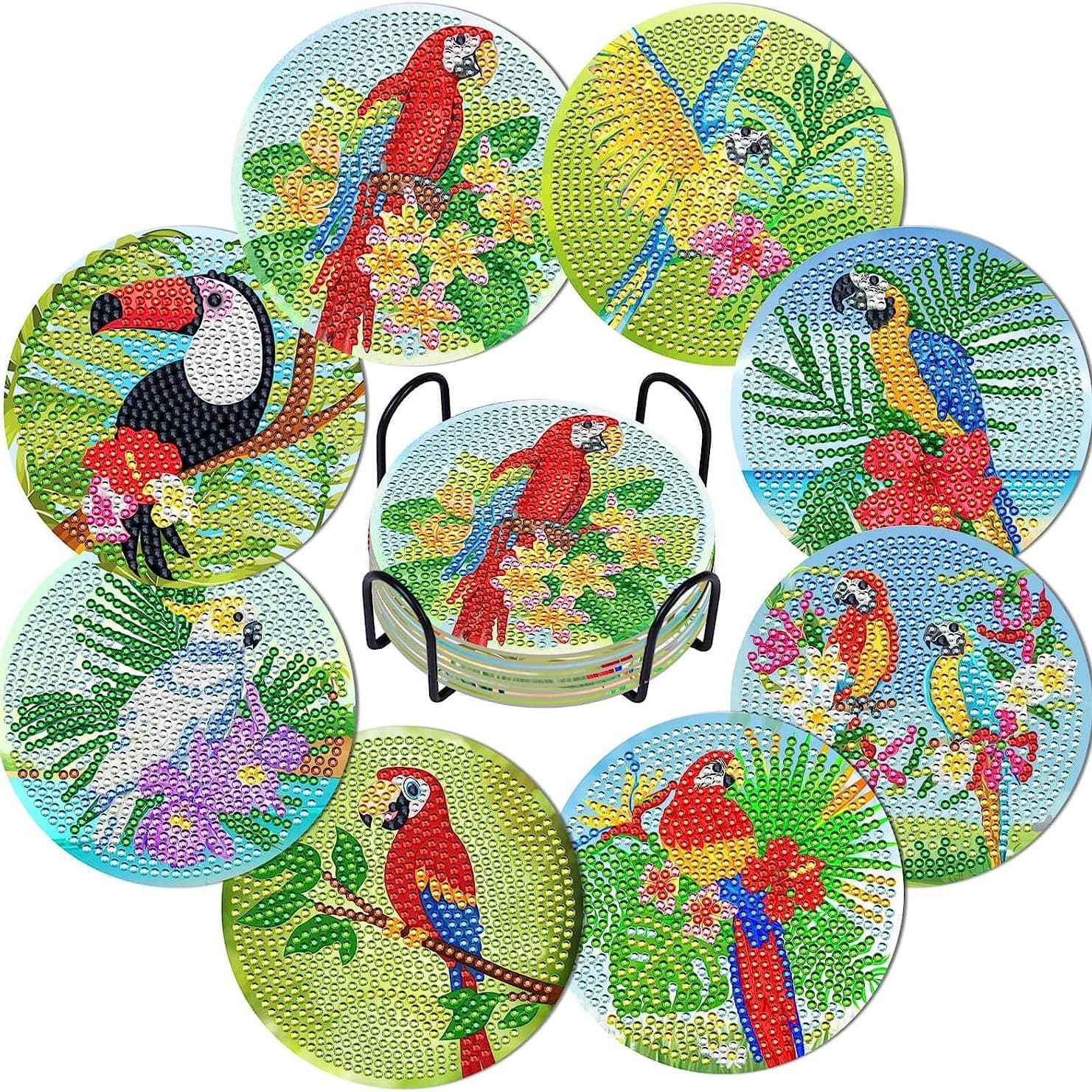 5D8 pieces diamond painting coasters set with stand, diamond art coasters for adults and beginners (parrot style
