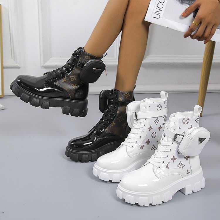 Women's Shoes Fashionable Printed Martin Boots Cushioned Thick Bottom Lace-up Short Cylinder Design