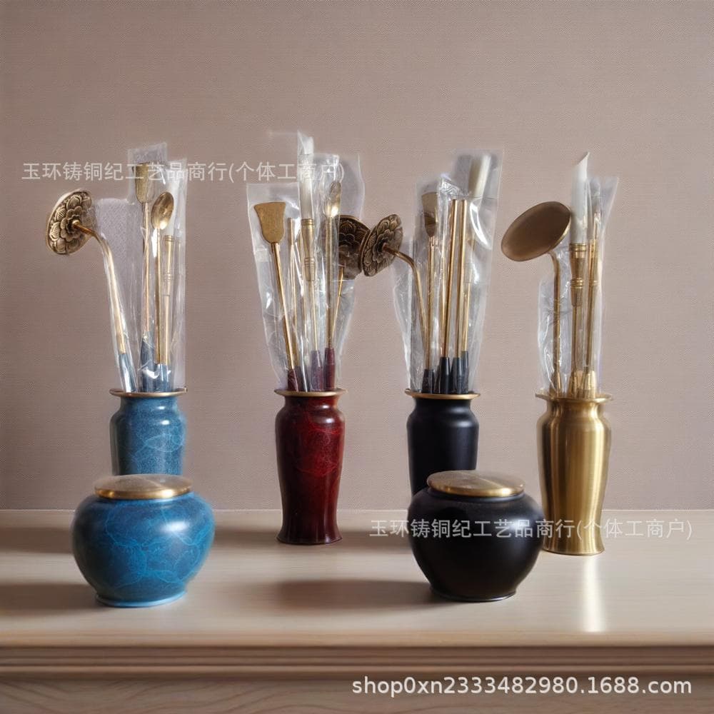 Upgraded Brass Incense Art Tools Set Including Incense Powder Jar, Ash Press, Incense Brush, Shovel, Chopsticks, Spoon, and Silver Solder Tools