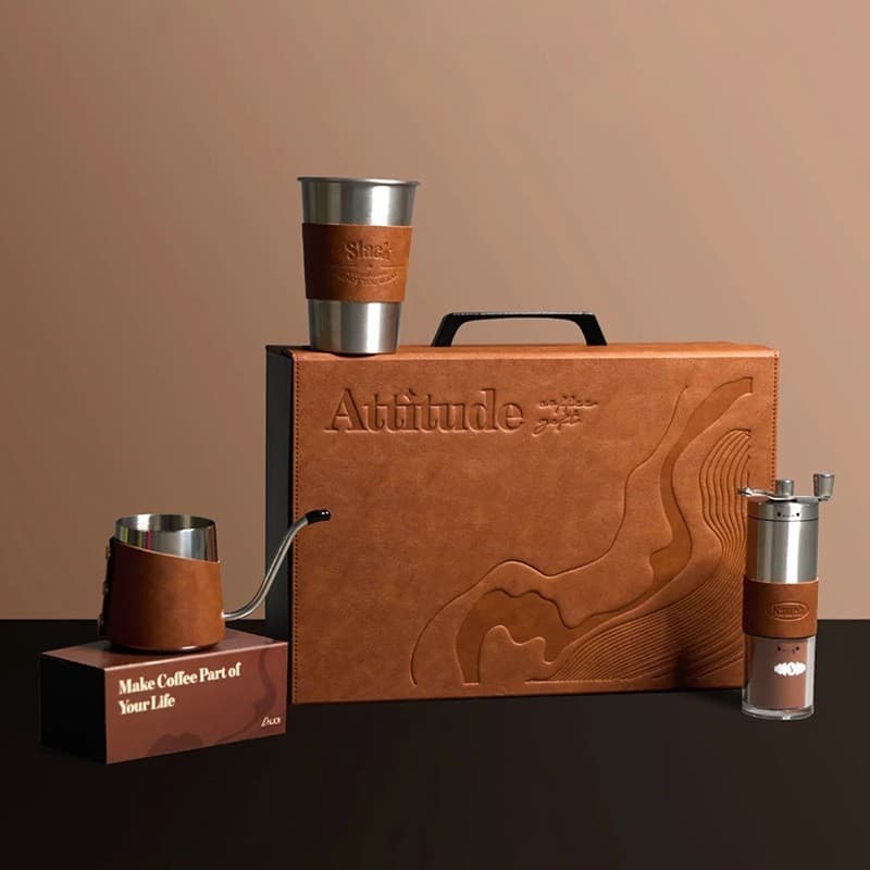 Dropshipping Manual Coffee Grinder, Holiday Gift for Clients, Hand-Brewed Coffee Pot Set, High-End Leather Coffee Cup