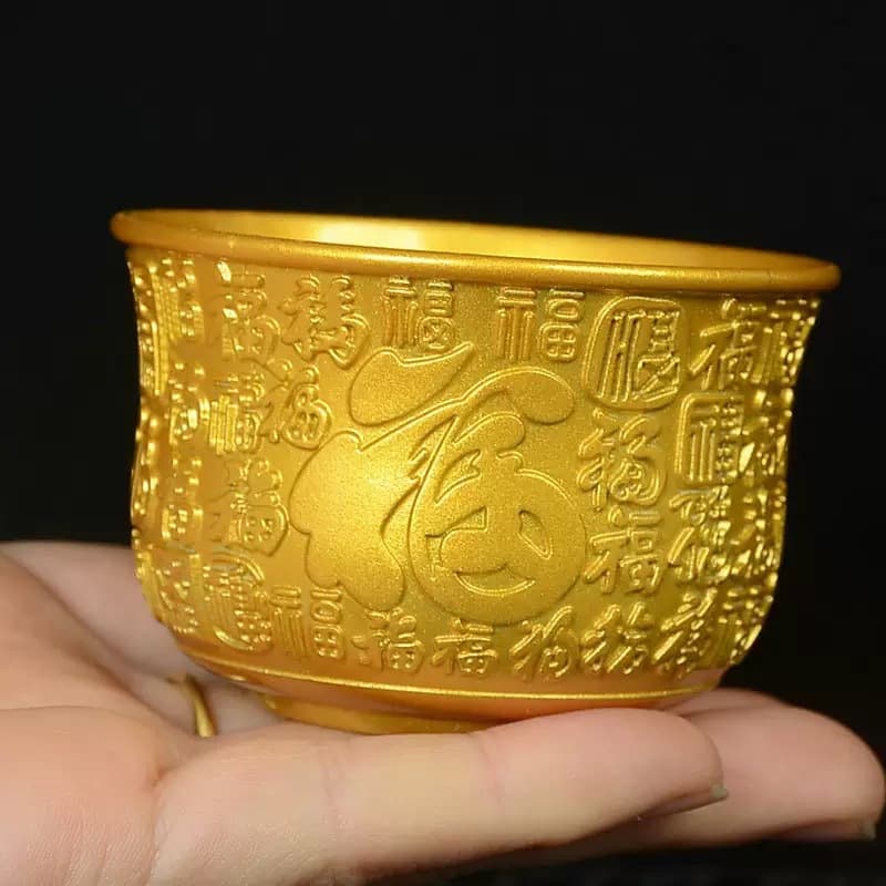 Hundred Blessings Cup Teacup Sand Gold Finish, Household Tea Set for Buddha Worship, Fortune Attracting Ornament, Metal Craft