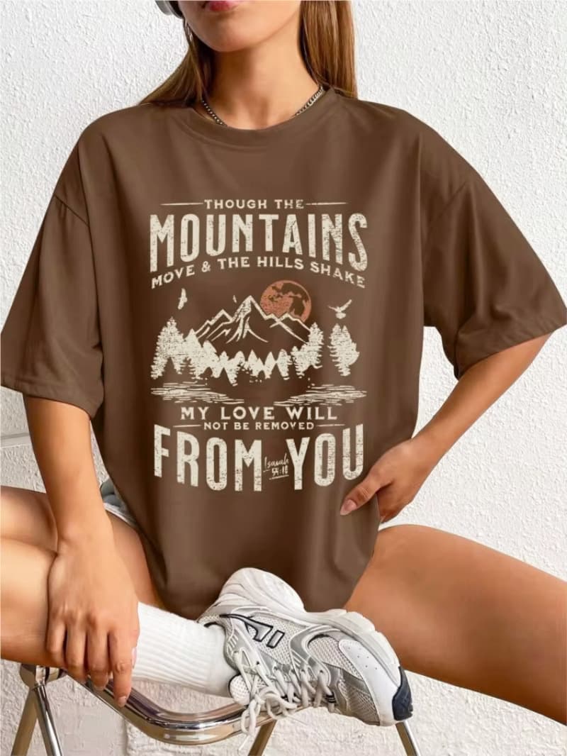 Spring Woman Cotton T-Shirts Mountains Setting Sun Printed S