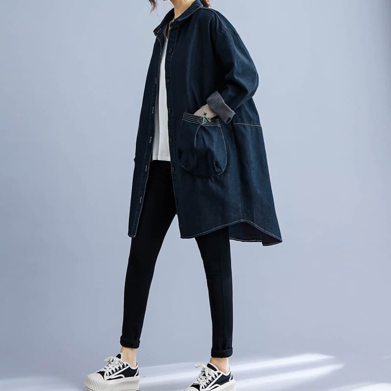 7111# Autumn New Style Denim Shirt Women POLO Mid-Length Casual Plus Size Trench Coat Solid Color Minimalist