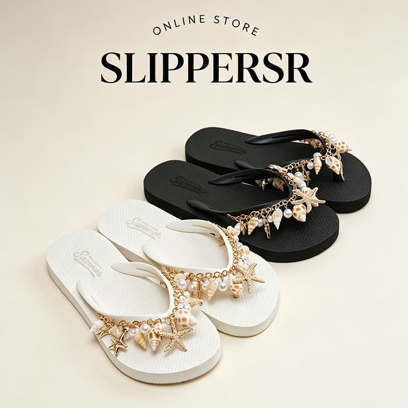 Trendy Ocean Style Shell and Starfish Pendant Flip Flops for Women, Summer Versatile Pearl Chain Slide Sandals, Non-Slip for Beach Vacation