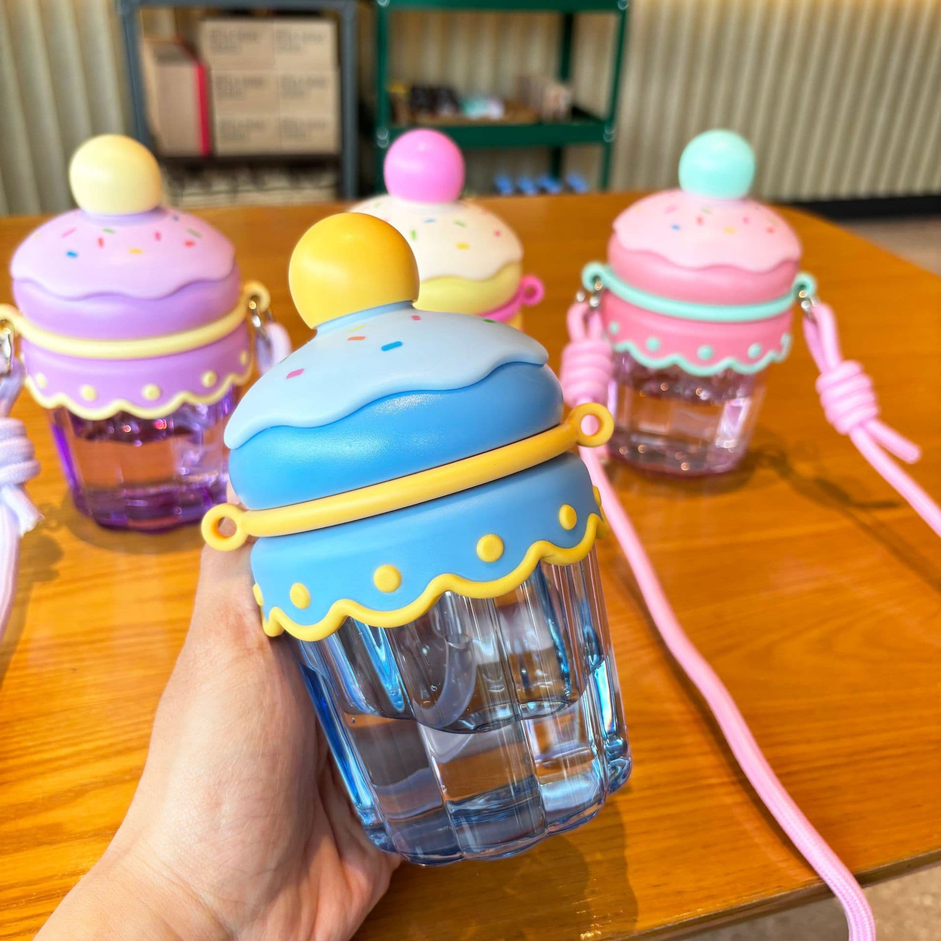 Cute Cake Cup Children's Straw Plastic Portable Water Cup Strap Girls Internet Celebrity Water Bottle Outdoor Water Bottle