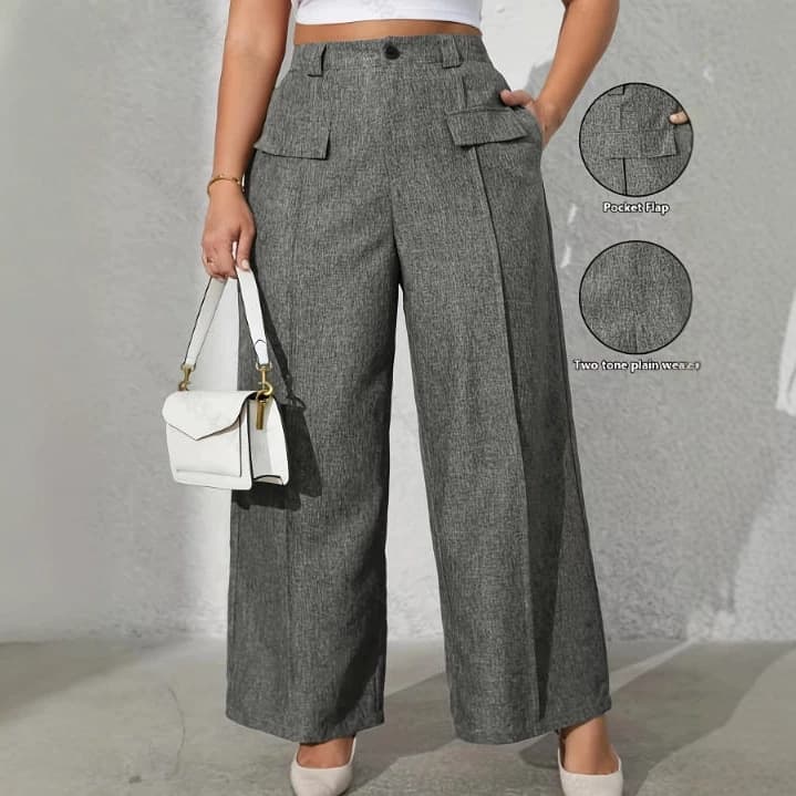 Cross-Border Women's European and American Gray High-Waist Wide-Leg Suit Pants Draping Straight Hem Flap Pocket Commuter Casual Long Pants