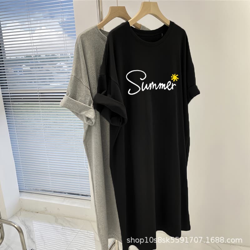 Women's Summer Nightdress Loose Cartoon Pajamas, Short-Sleeved Long Over-the-Knee Skirt, Suitable for Outdoor Wear, Loungewear, Lazy Skirt