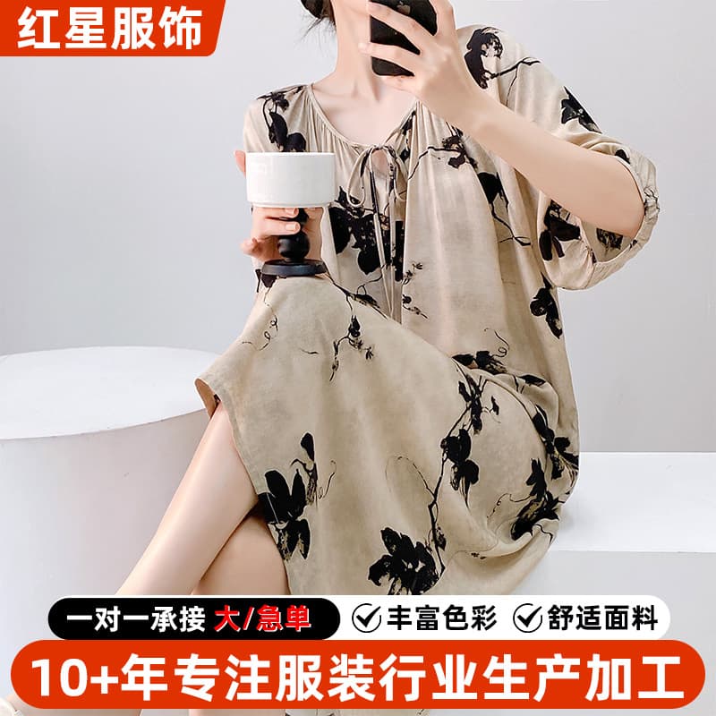 2025 Spring New Women's Cotton Silk Nightgown, Short Sleeve, Sweet Fairy Style, Printed Comfortable Pajamas