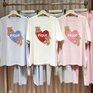 GP Pajamas Unlabeled Soft Ice Cream Heart Animal Round Neck Short Sleeve Long Pants Women's Pajamas Homewear Set