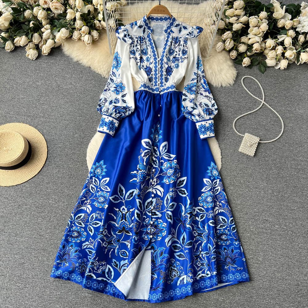 Cross-border 2023 spring new holiday style V-neck puff sleeve printed dress for women French retro large swing over the knee