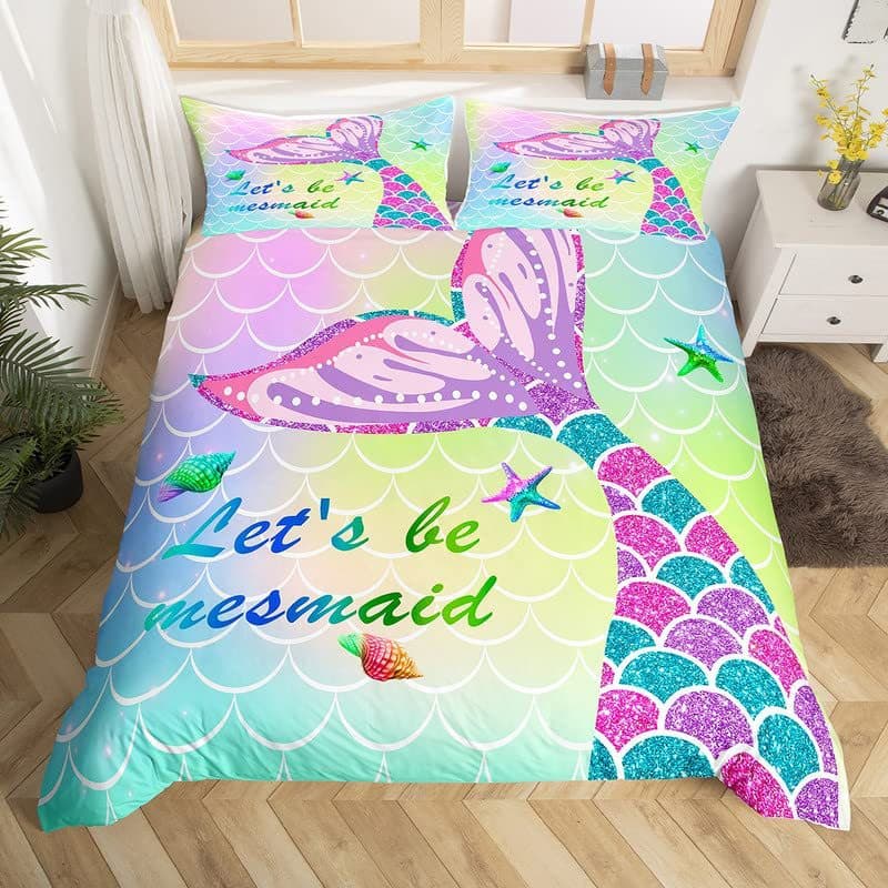 Mermaid Duvet Cover Set Pink Cyan Purple Girl Rainbow Bedding Set Factory Direct