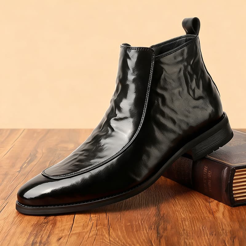 Men's Chelsea Boots Vintage Casual British Pointed Toe Zipper High-Top Leather Boots Winter Fleece-Lined Warm Dress Shoes