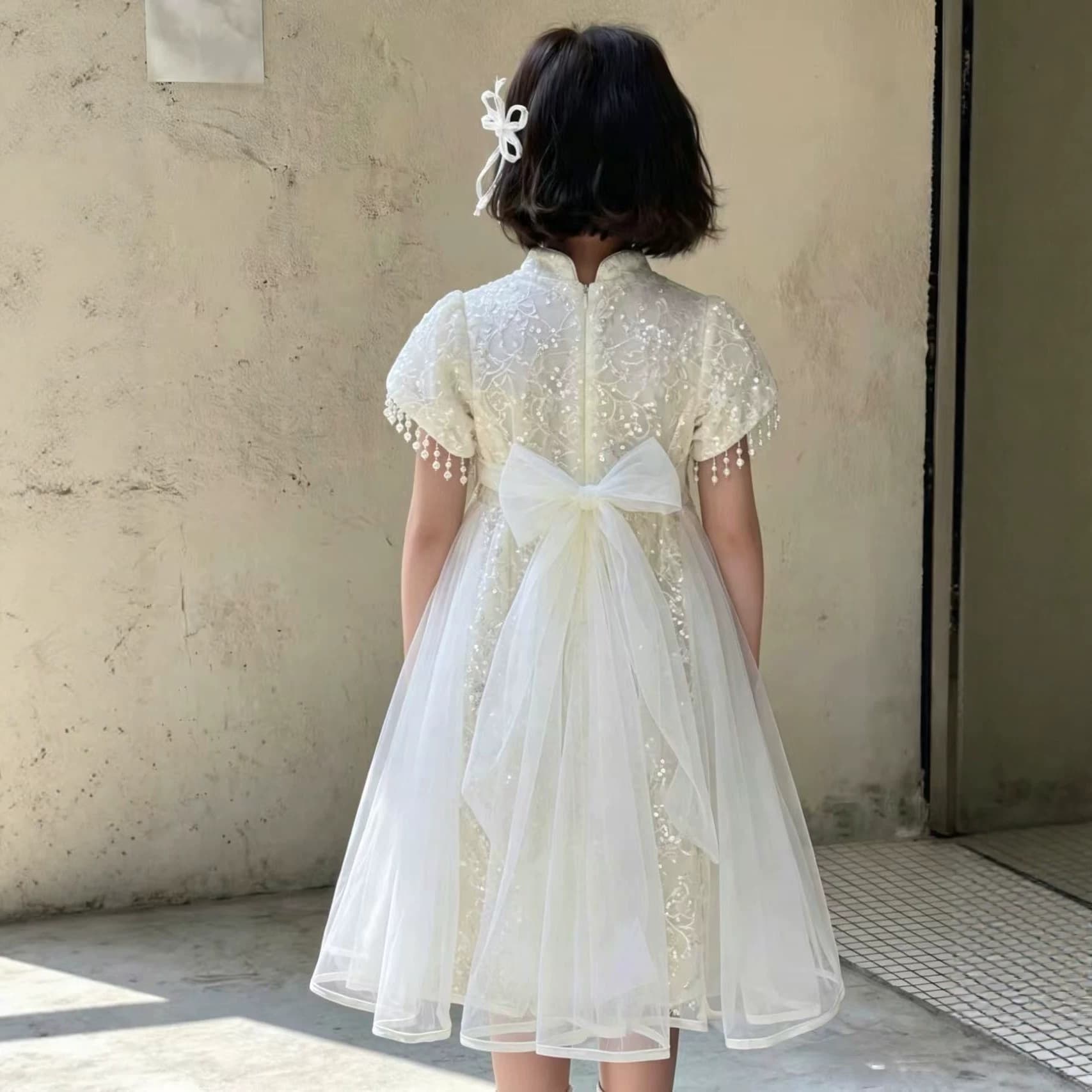 2026 Summer Girls' New Chinese Style Pearl Frog Button Cheongsam Dress Vintage Chinese Dress for Kids Older Children