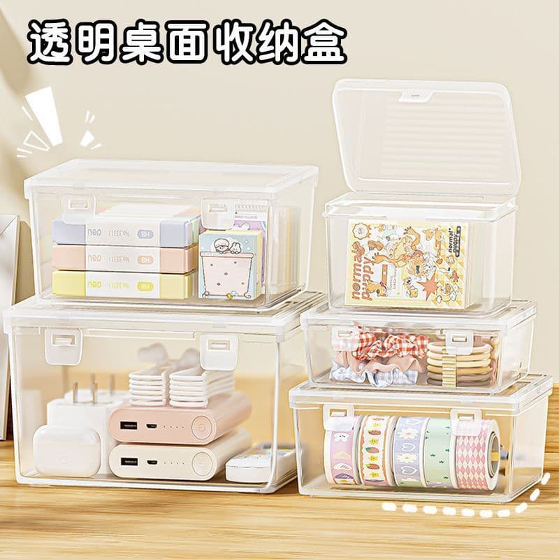 Flip-Top Storage Box for Stationery, Cards, Postcards, and Small Items, Mini Transparent Plastic Desktop Container with Lid