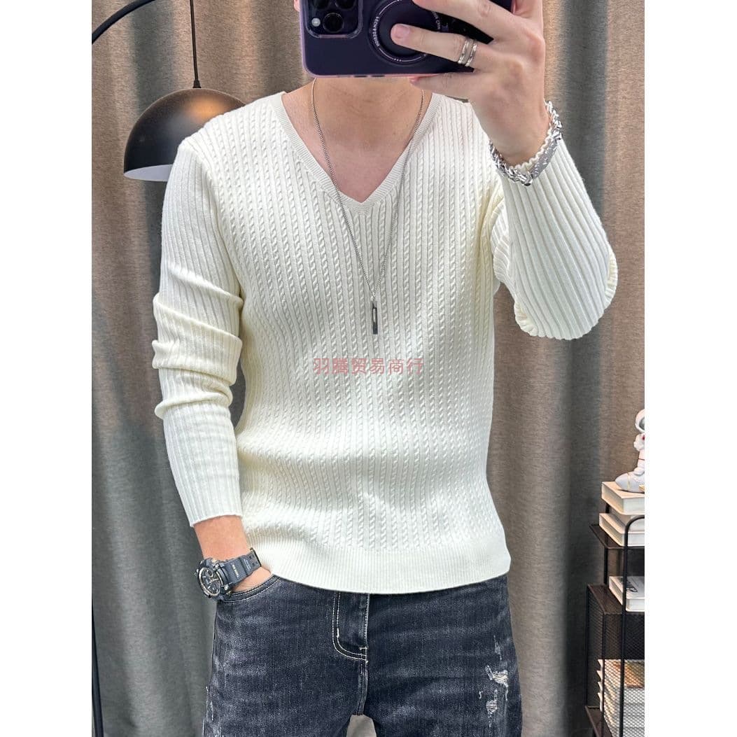 V-Neck Long Sleeve Sweater Men Autumn/Winter New Stretch Slim Fit Solid Color Knitwear Inner Layer Base Shirt Knit Top