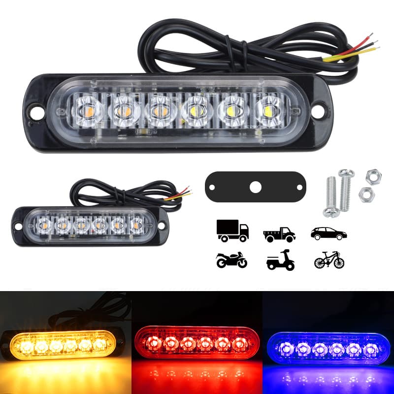 Cross-border 6-LED Ultra-thin Dual-color Warning Light, Motorcycle Pickup Truck Strobe Light, 12-24V Universal Ultra-thin Strobe Light